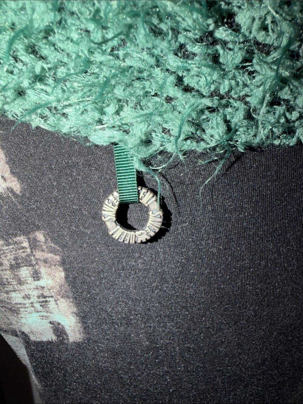 Save The Queen Long Sleeve Graphic Dress with Teal Knit Cowl and Black Sleeves - Picture 9 of 13